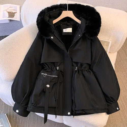Load image into Gallery viewer, Winter Women's Solid Big Hairy Collar Hooded Velvet Parka 2024 Korean Version Ladies Oversize Warm Cardigans Down Cotton Jacket
