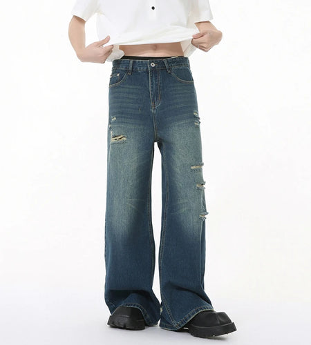 Men's Jeans Solid Color Holes Design Korean Style Worn-out Mill White Straight Leg New Spring Baggy Male Trousers 9W1265