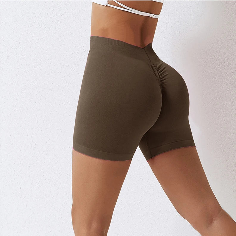 Knit Seamless V Back Yoga Shorts Women Fitness Elastic Scrunch Push Up Sports Running Workout High Waist Shorts