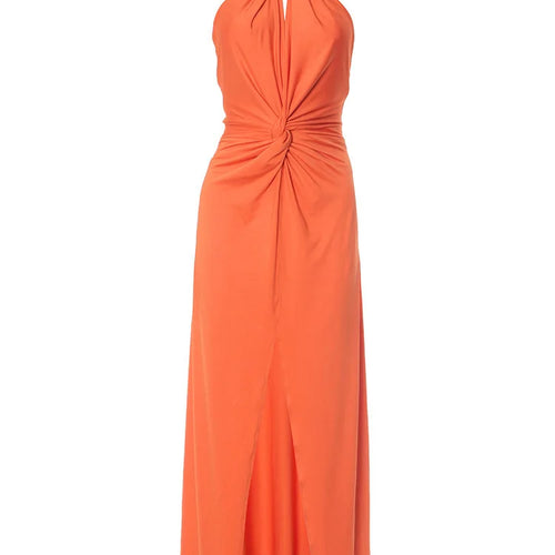 Load image into Gallery viewer, Metal Chain Halter Backless Sexy Maxi Dress Women Orange Off-shoulder Sleeveless Thigh High Split Club Long Dress
