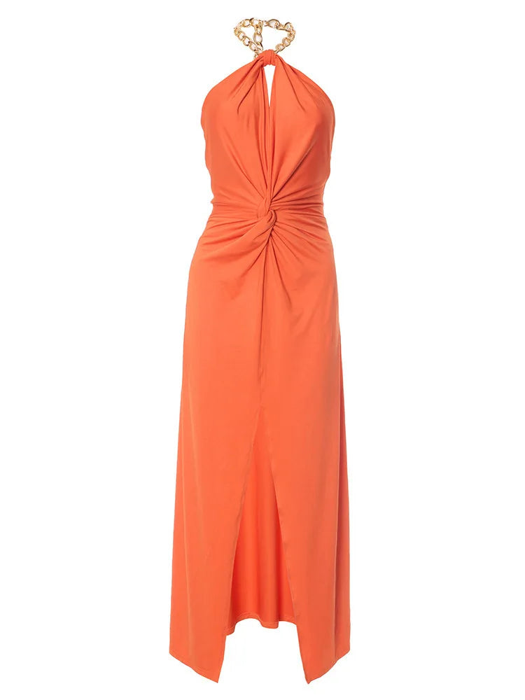 Metal Chain Halter Backless Sexy Maxi Dress Women Orange Off-shoulder Sleeveless Thigh High Split Club Long Dress