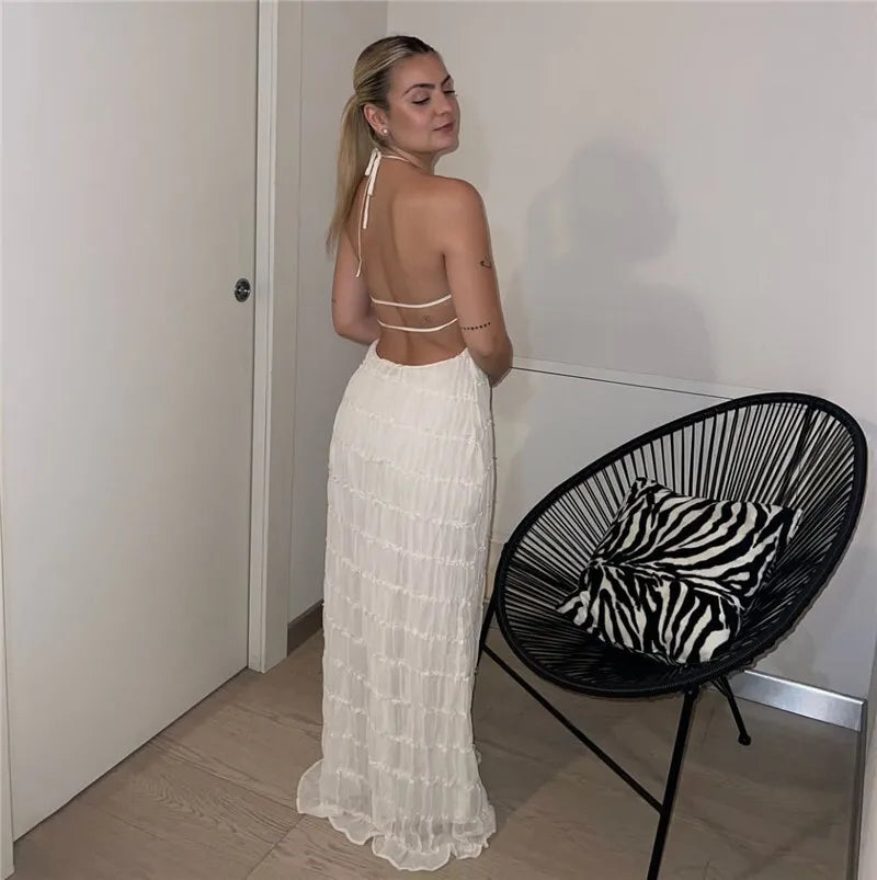 Halter Backless Sexy Maxi Dress For Women Spring Summer New Lace-up Sleeveless Pleated Beach Holiday Long Dress Elegant