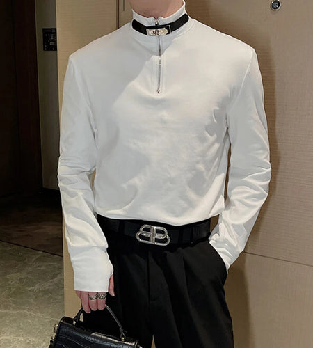 Men's Mock Neck T-shirt Long Sleeve Tees Solid Color Metal Zipper Design Leather Buckle Spring Business Casual 9W1417