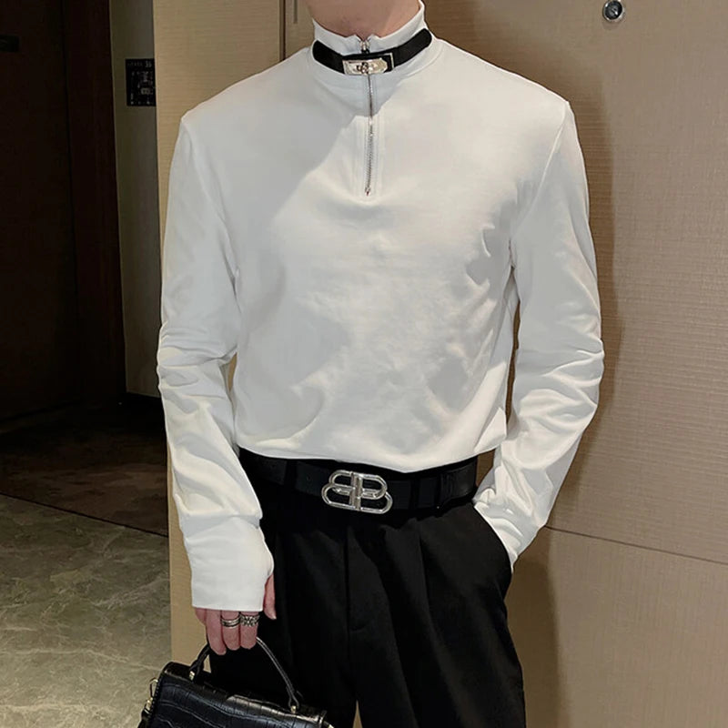 Men's Mock Neck T-shirt Long Sleeve Tees Solid Color Metal Zipper Design Leather Buckle Spring Business Casual 9W1417