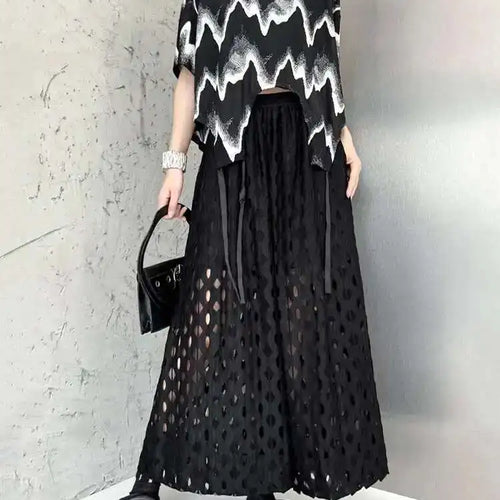 Load image into Gallery viewer, High Elastic Waist Black Hollow Out Casual Long Wide Leg Pants New Trousers Women Fashion Tide Spring Autumn 2025 1DH6468
