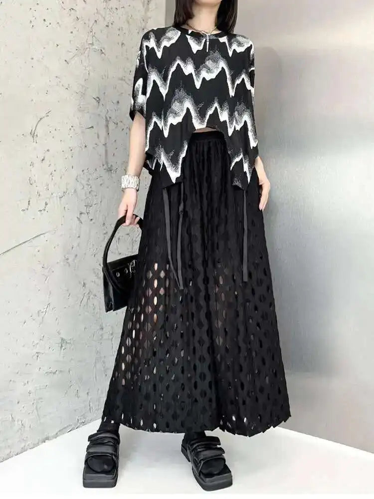 High Elastic Waist Black Hollow Out Casual Long Wide Leg Pants New Trousers Women Fashion Tide Spring Autumn 2025 1DH6468