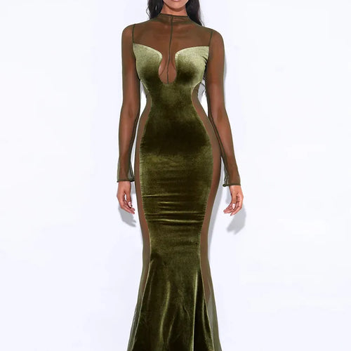 Load image into Gallery viewer, Patchwork Sexy See Through Mesh Women Dress Green Long Sleeve Evening Dress Female Autumn Skinny Elegant Party Clubwear
