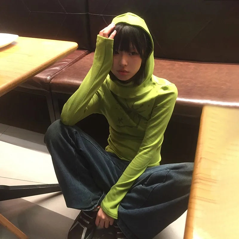 Japanese Y2k Hooded T-shirt Grunge Aesthetics Green Long Sleeve Tee Shirt Vintage Harajuku Hooded Tops 2000s Streetwear