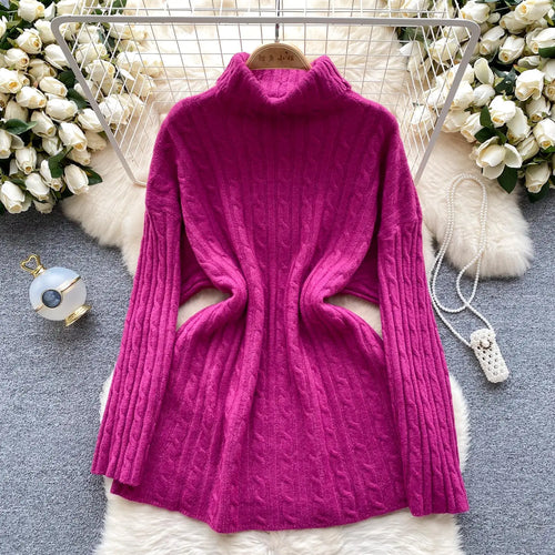 Load image into Gallery viewer, Autumn Winter Women's Solid Elegant High-neck Knitting Sweater Female Loose Thick Warm Long Sleeves Simple Crochet Pullover Tops
