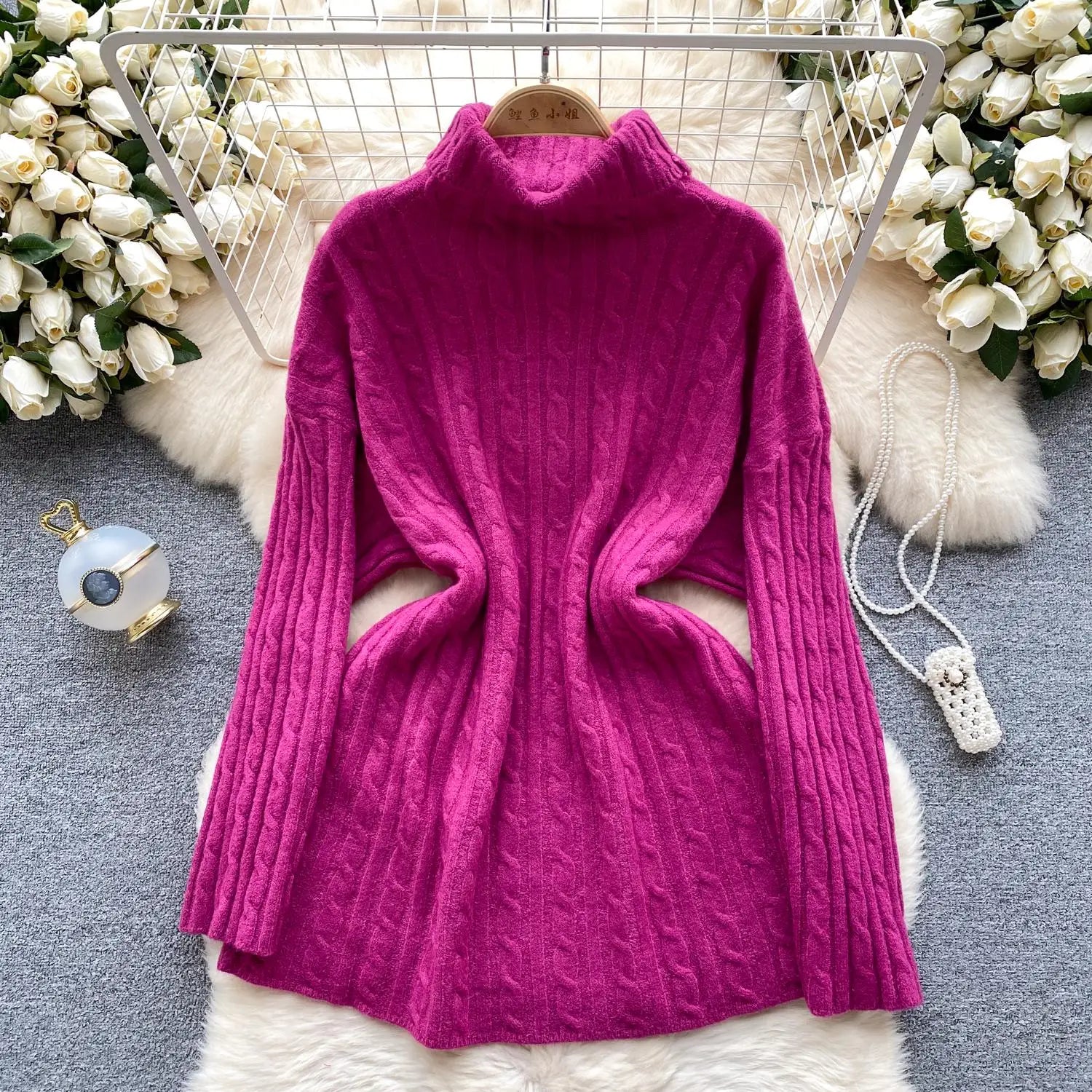 Autumn Winter Women's Solid Elegant High-neck Knitting Sweater Female Loose Thick Warm Long Sleeves Simple Crochet Pullover Tops