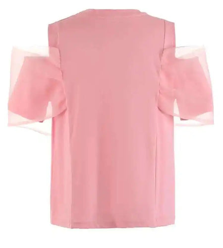 Women pink Color Mesh Bow Off Shoulder Elegant T-shirt New Round Neck Short Sleeve Fashion Tide Spring Summer 2025 1DF8193