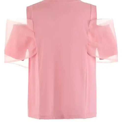 Load image into Gallery viewer, Women pink Color Mesh Bow Off Shoulder Elegant T-shirt New Round Neck Short Sleeve Fashion Tide Spring Summer 2025 1DF8193
