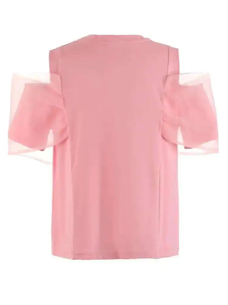 Women pink Color Mesh Bow Off Shoulder Elegant T-shirt New Round Neck Short Sleeve Fashion Tide Spring Summer 2025 1DF8193