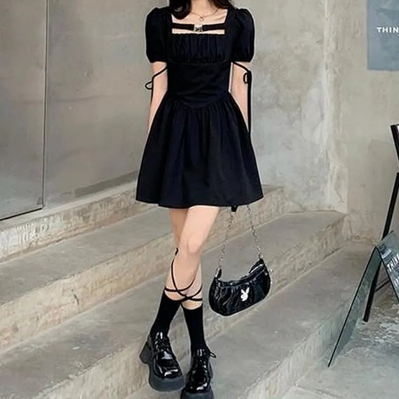 Gothic Black Mini Dress Women Goth Bandage Wrap Puff Sleeve Riched Short Dresses Slim Sweet Square Collar Robe Summer