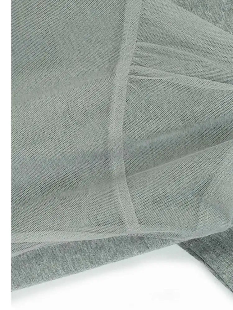 Women Gray Mesh Spliced Big Size Casual Midi Dress New Round Neck Short Sleeve Fashion Tide Spring Summer 2025 1DH9817