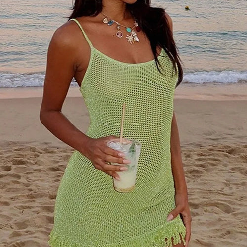 Load image into Gallery viewer, Spaghetti Strap Tassel Knit Mini Dress Women Summer New Hollow Out See Through Backless Beach Holiday Club Dress
