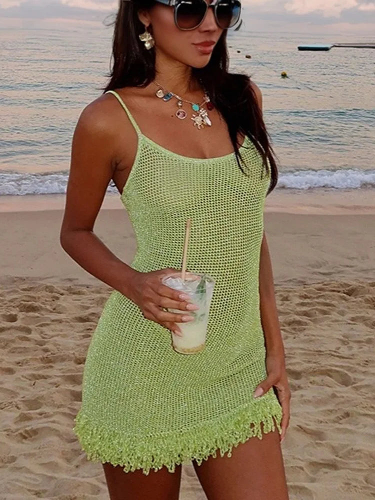 Spaghetti Strap Tassel Knit Mini Dress Women Summer New Hollow Out See Through Backless Beach Holiday Club Dress