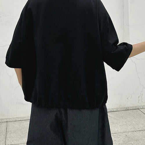 Load image into Gallery viewer, Women Black Hem Drawstring Spliced Big Size T-shirt New Round Neck Short Sleeve Fashion Tide Spring Summer 2025 1DJ1221
