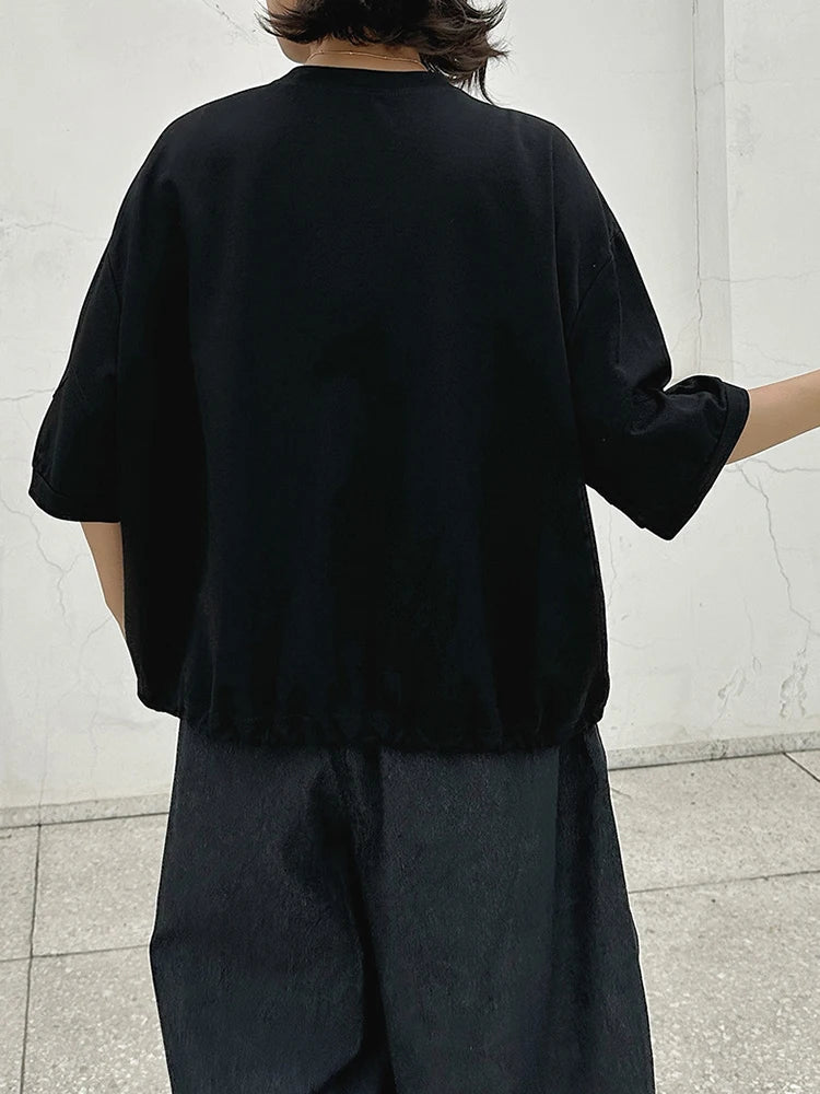 Women Black Hem Drawstring Spliced Big Size T-shirt New Round Neck Short Sleeve Fashion Tide Spring Summer 2025 1DJ1221