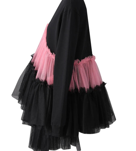 Women Balck Mesh Ruffles Irregular Big Size Mini Dress New Round Neck Long Sleeve Fashion Tide Spring Autumn 2025 CPG3045