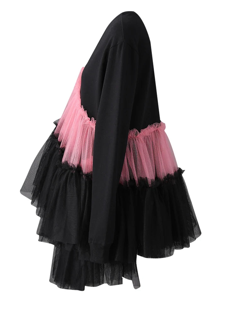 Women Balck Mesh Ruffles Irregular Big Size Mini Dress New Round Neck Long Sleeve Fashion Tide Spring Autumn 2025 CPG3045