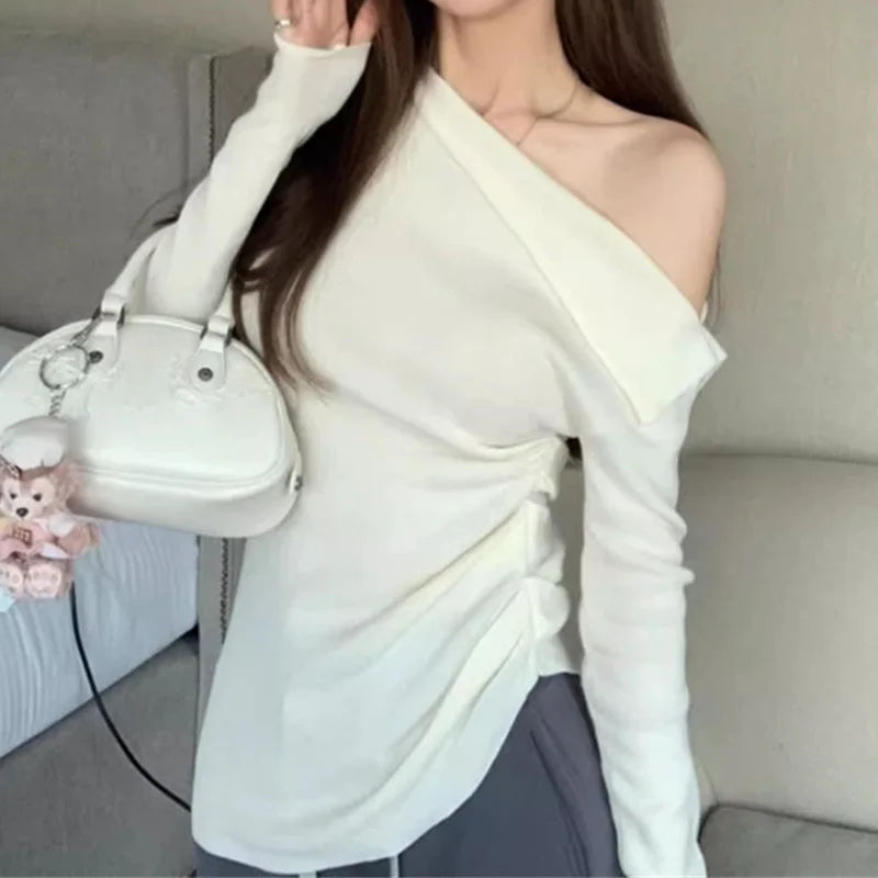 y2k Crop Top Clothing Women Solid Color Slant Neck Off Shoulder Long Sleeve Ruched T Shirt 2000s Clothes Streetwear