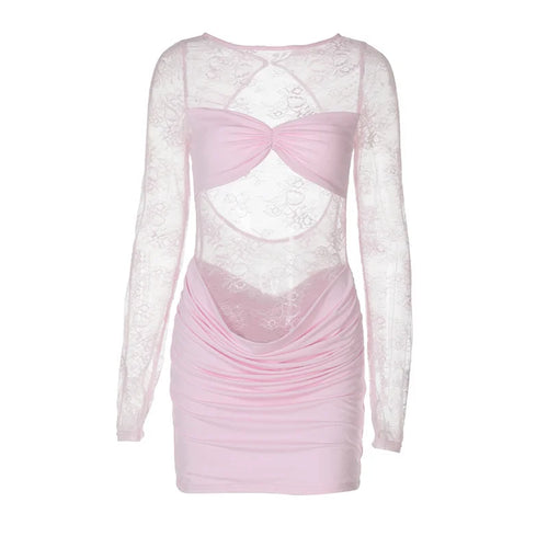 Load image into Gallery viewer, Lace See Through Ruched Sexy Mini Dress Women Elegant Patchwork Long Sleeve Strapless Backless Club Party Dress Female
