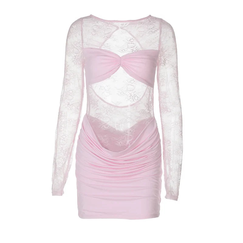 Lace See Through Ruched Sexy Mini Dress Women Elegant Patchwork Long Sleeve Strapless Backless Club Party Dress Female