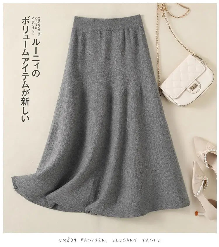 Korean Fashion 2024 Autumn Winter Ladies New Solid Elegant Elastic High Waist Pleated Long Skirt Women Slim Knitted A-line Skirt