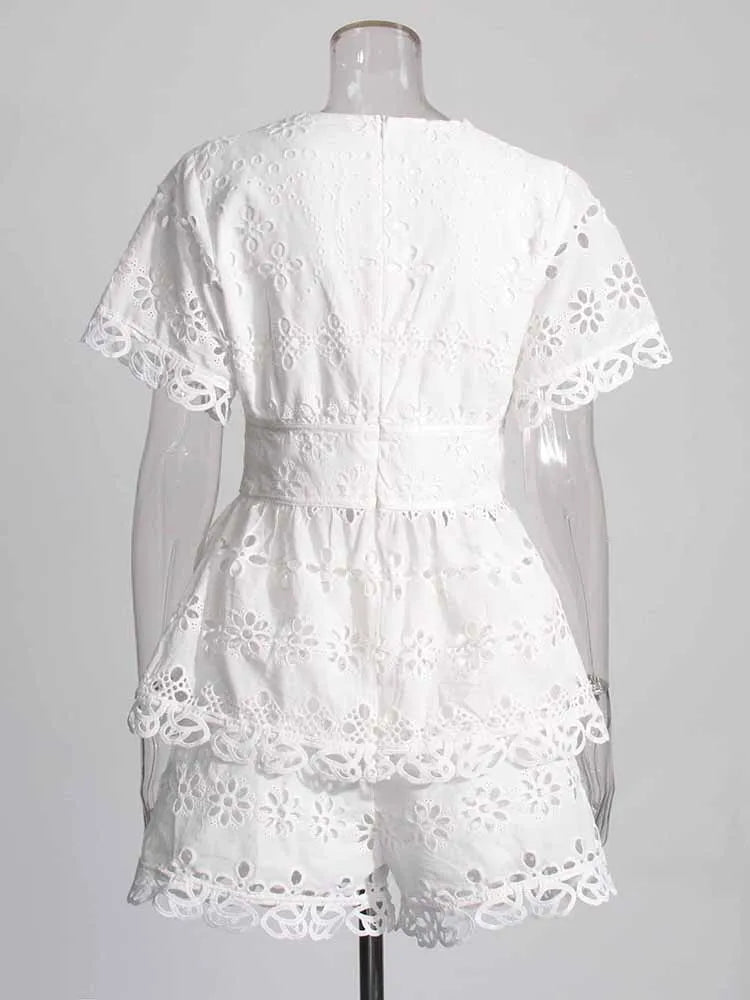 Solid Embroidery Two Piece Set For Women V Neck Short Sleeve Tunic Top High Waist Loose Shorts Casual Sets Female Fashion