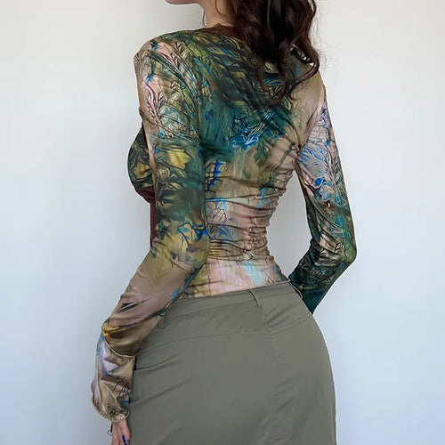 Load image into Gallery viewer, 2000s Crop Top Vintage Aesthetic Graphic Floral Flared Long Sleeve T Shirts y2k Women Grunge Fairy Print Tee Streetwear
