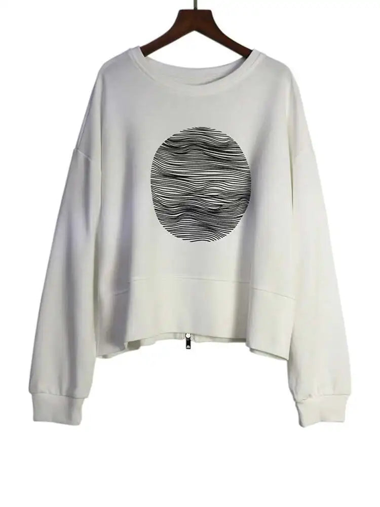 Black Printed Back Zipper Sweatshirt New Round Neck Long Sleeve Women Big Size Fashion Tide Spring Autumn 2025 1DJ0624