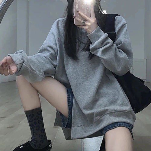 Load image into Gallery viewer, Women&#39;s Sweatshirt Loose Korean Style Cool Street Blue Hoodies Autumn Winter New Solid Color Split Pullover Top Women
