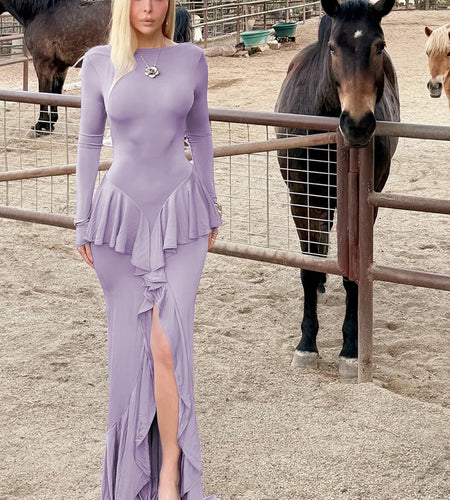 Backless Ruffled Sexy Maxi Dress For Women Gown Fashion O Neck Long Sleeve Thigh High Split Evening Long Dress Elegant