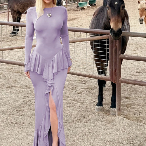 Load image into Gallery viewer, Backless Ruffled Sexy Maxi Dress For Women Gown Fashion O Neck Long Sleeve Thigh High Split Evening Long Dress Elegant
