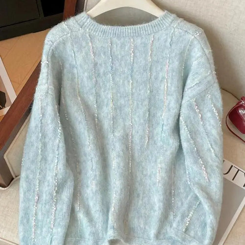 Load image into Gallery viewer, Korean Autumn Winter Beige Long Sleeves Loose Knit Crochet Sweater Women's Blue Round Neck Versatile Short Pullover Tops Popular
