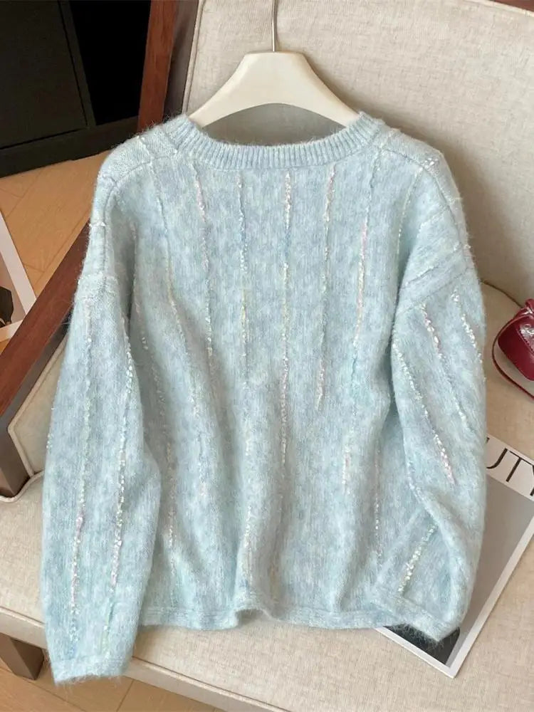 Korean Autumn Winter Beige Long Sleeves Loose Knit Crochet Sweater Women's Blue Round Neck Versatile Short Pullover Tops Popular
