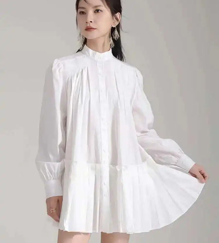 Women Blue Pleated Hem Long Big Size Blouse New Stand Collar Long Sleeve Shirt Fashion Tide Spring Autumn 2025 1DH5707