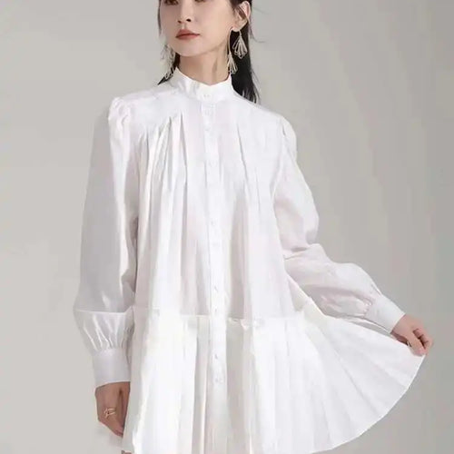 Load image into Gallery viewer, Women Blue Pleated Hem Long Big Size Blouse New Stand Collar Long Sleeve Shirt Fashion Tide Spring Autumn 2025 1DH5707
