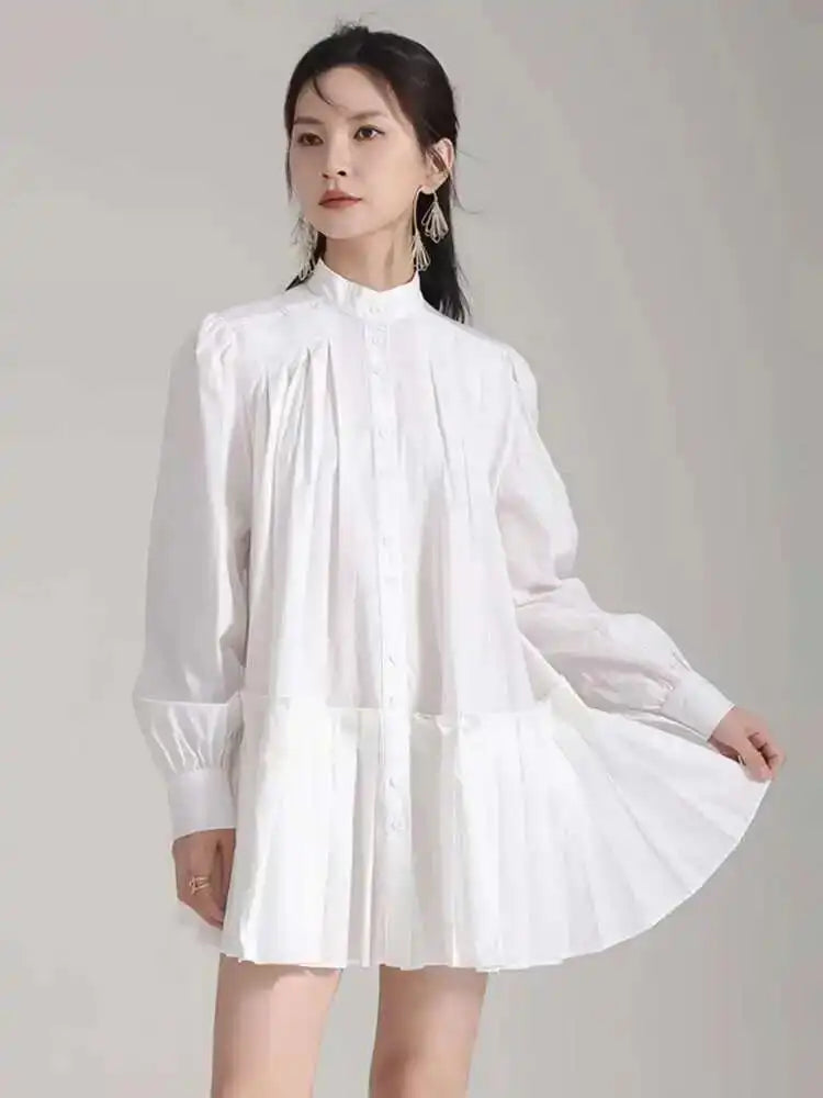 Women Blue Pleated Hem Long Big Size Blouse New Stand Collar Long Sleeve Shirt Fashion Tide Spring Autumn 2025 1DH5707