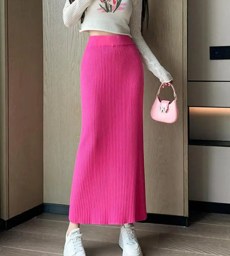 Autumn Winter Women Solid Straight Knitted Skirt Elastic High Waist Office Ladies Striped Wrapped Hip Long Skirts Popular