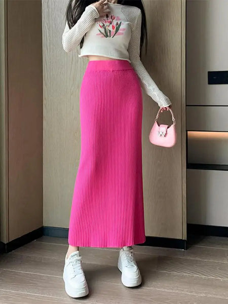 Autumn Winter Women Solid Straight Knitted Skirt Elastic High Waist Office Ladies Striped Wrapped Hip Long Skirts Popular