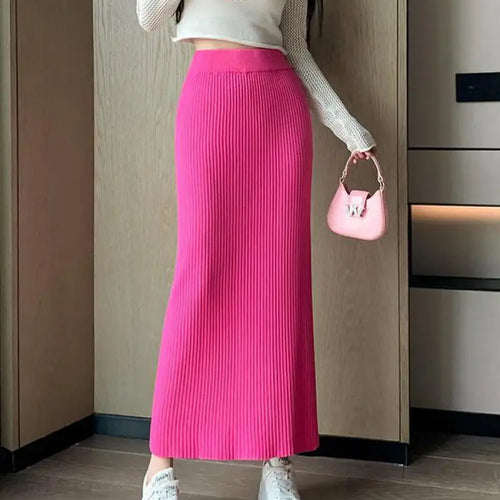 Load image into Gallery viewer, Autumn Winter Women Solid Straight Knitted Skirt Elastic High Waist Office Ladies Striped Wrapped Hip Long Skirts Popular
