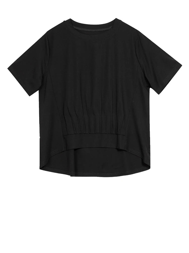 Women White Pleated Irregular Big Size Casual T-shirt New Round Neck Short Sleeve Fashion Tide Spring Summer 2025  1DJ0961