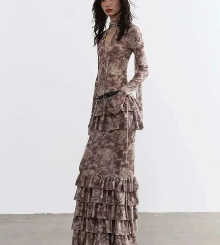 Women Beige Hollow Out Bandge Ruffles Long Elegant Dress New V-Neck Long Sleeve Fashion Tide Spring Autumn 2025 1DH4719