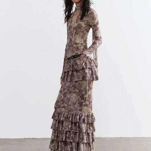 Load image into Gallery viewer, Women Beige Hollow Out Bandge Ruffles Long Elegant Dress New V-Neck Long Sleeve Fashion Tide Spring Autumn 2025 1DH4719
