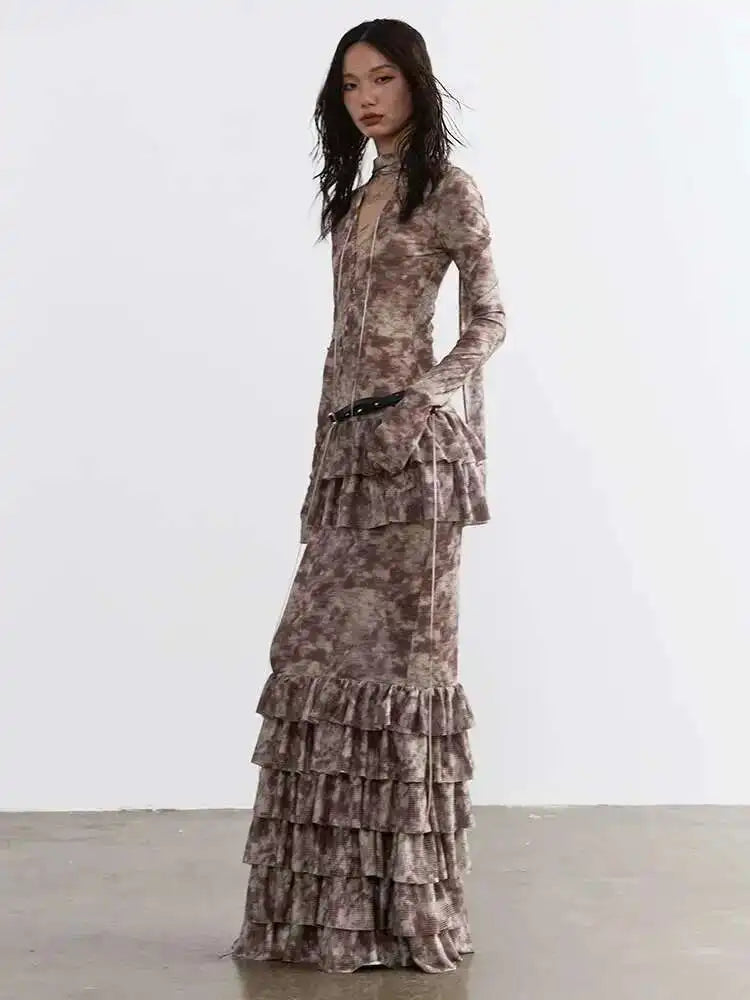 Women Beige Hollow Out Bandge Ruffles Long Elegant Dress New V-Neck Long Sleeve Fashion Tide Spring Autumn 2025 1DH4719