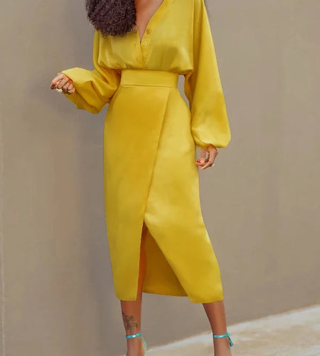 Autumn Spring New Trendy Yellow Vintage Buttoned Blouse Long Sleeves V-neck Work Elegant Shirts Tops Summer