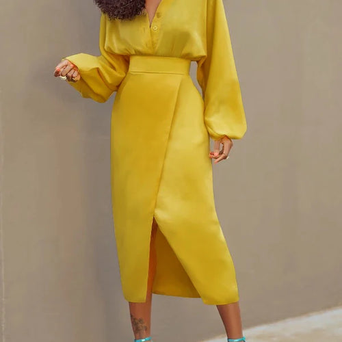 Load image into Gallery viewer, Autumn Spring New Trendy Yellow Vintage Buttoned Blouse Long Sleeves V-neck Work Elegant Shirts Tops Summer
