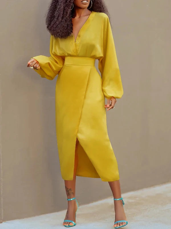 Autumn Spring New Trendy Yellow Vintage Buttoned Blouse Long Sleeves V-neck Work Elegant Shirts Tops Summer